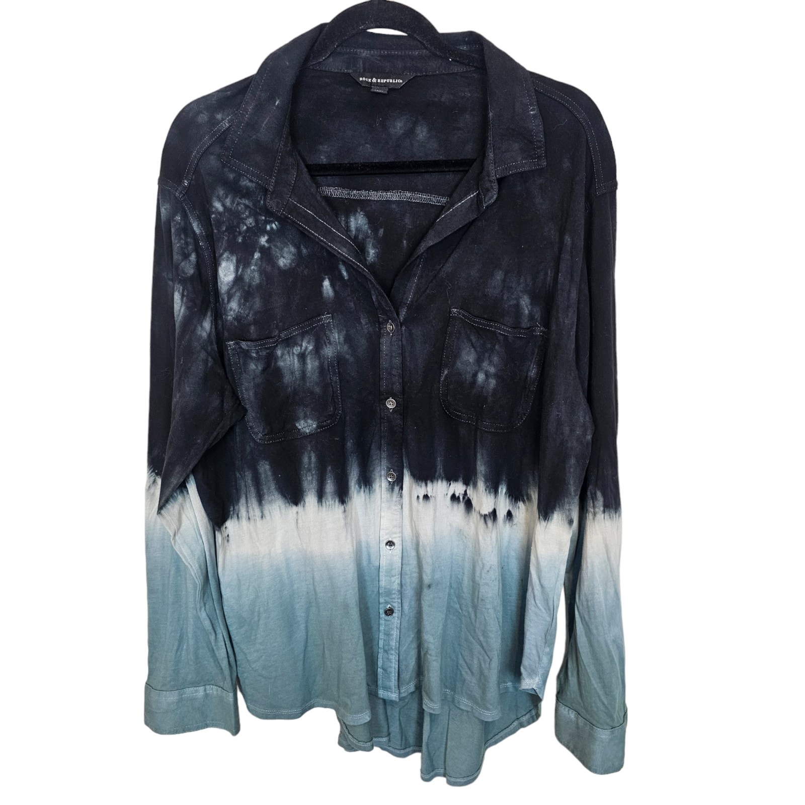 Rock Republic Shirt Button Down Shirt Women Xl Black Green Ombre Collared Shirt